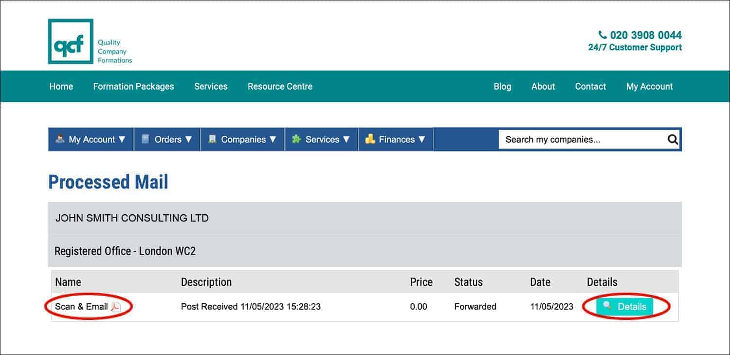 Screenshot of the QCF Client Portal 'Processed Mail' page