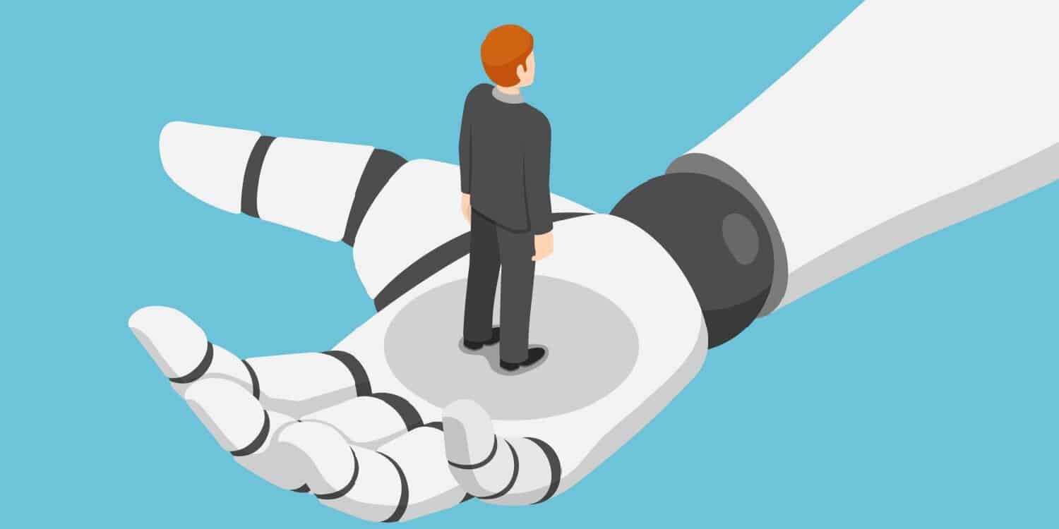 Illustration of a small business owner standing confidently on the palm of a large robotic hand, representing SMEs using AI without fear