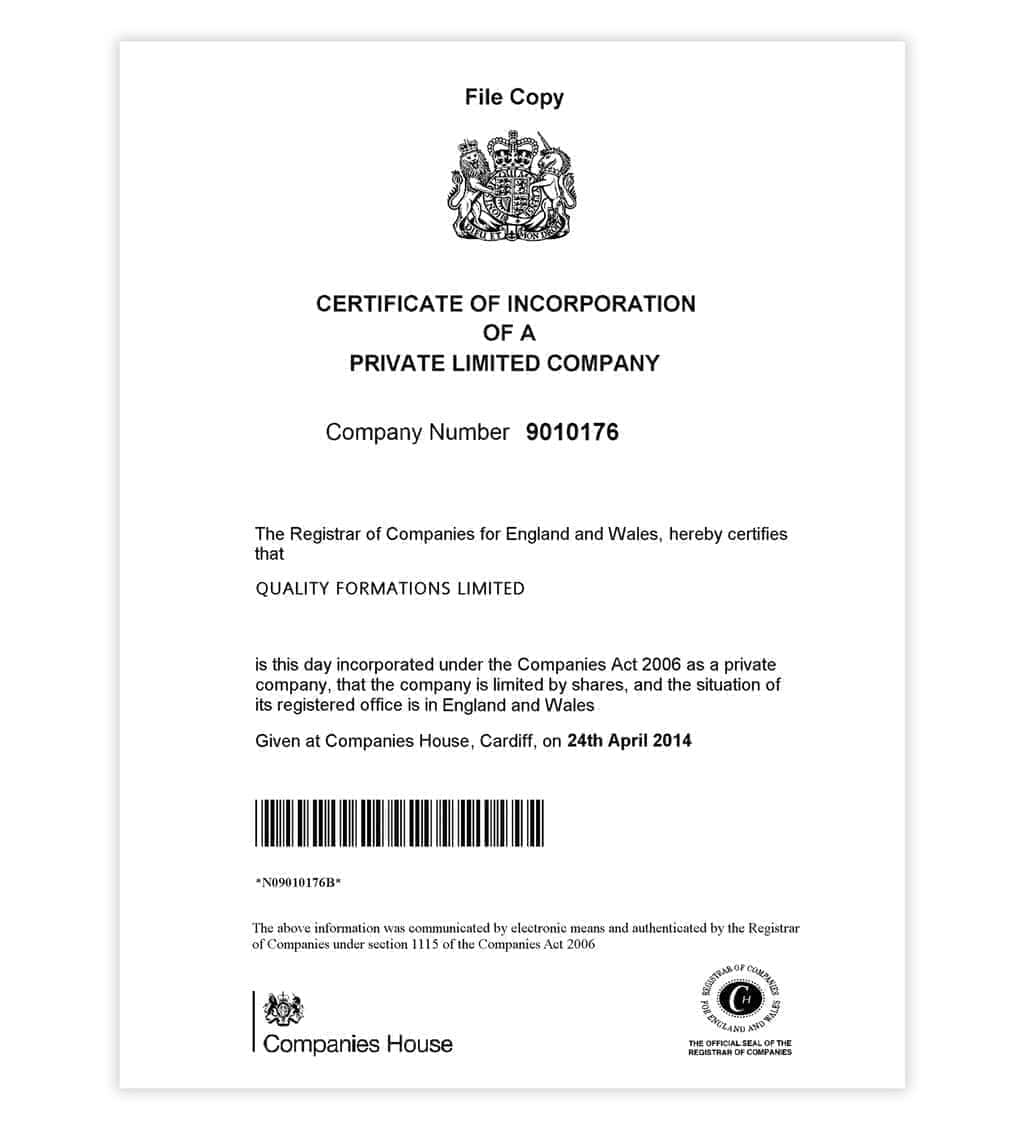 Certificate of incorporation example