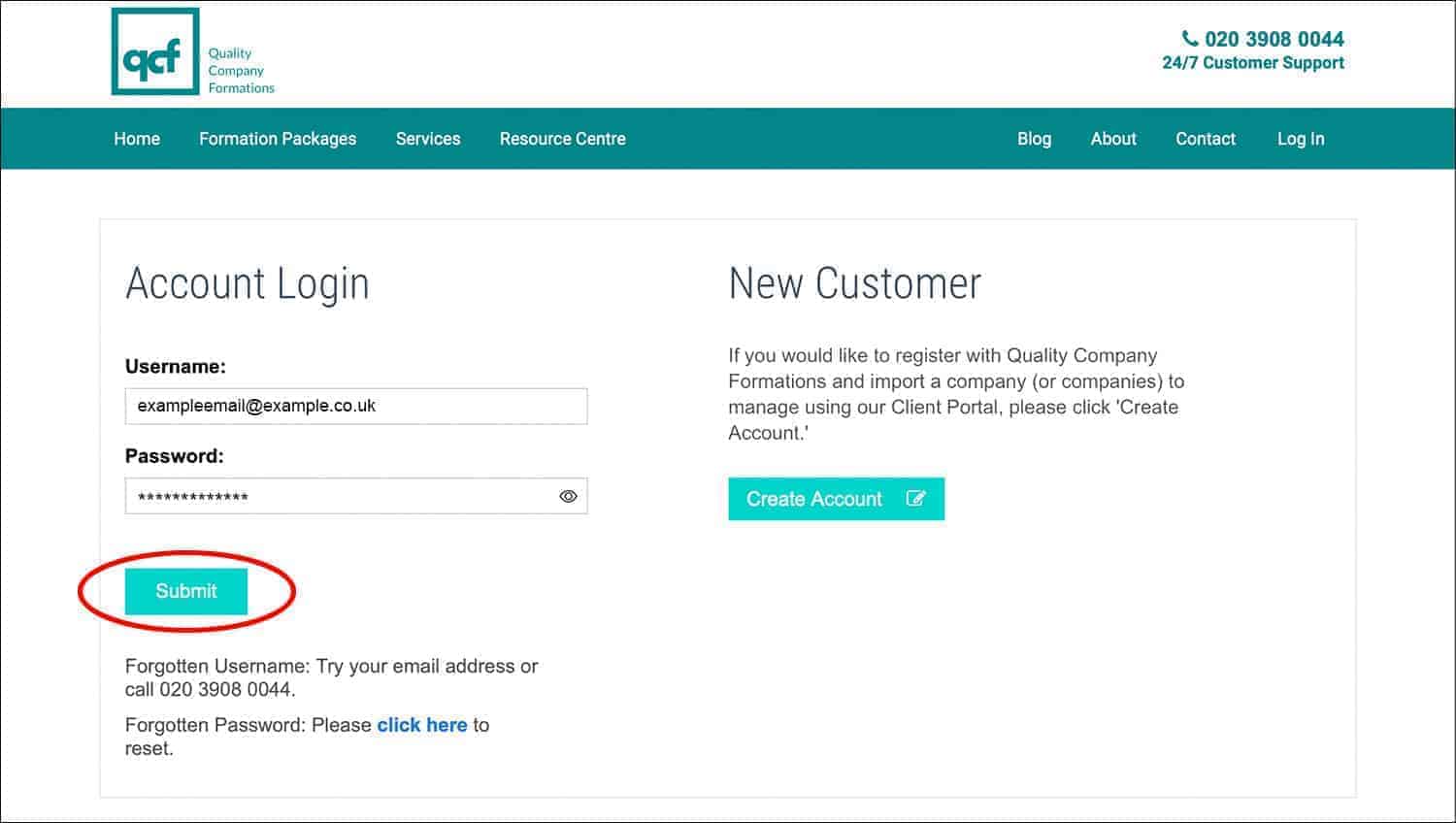 Screenshot of the QCF 'Account Login' page