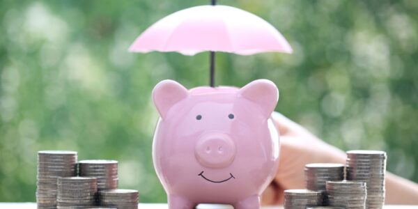 Pink piggy bank under a small pink umbrella surrounded by stacks of coins, illustrating the concept of protecting a small business against financial risk
