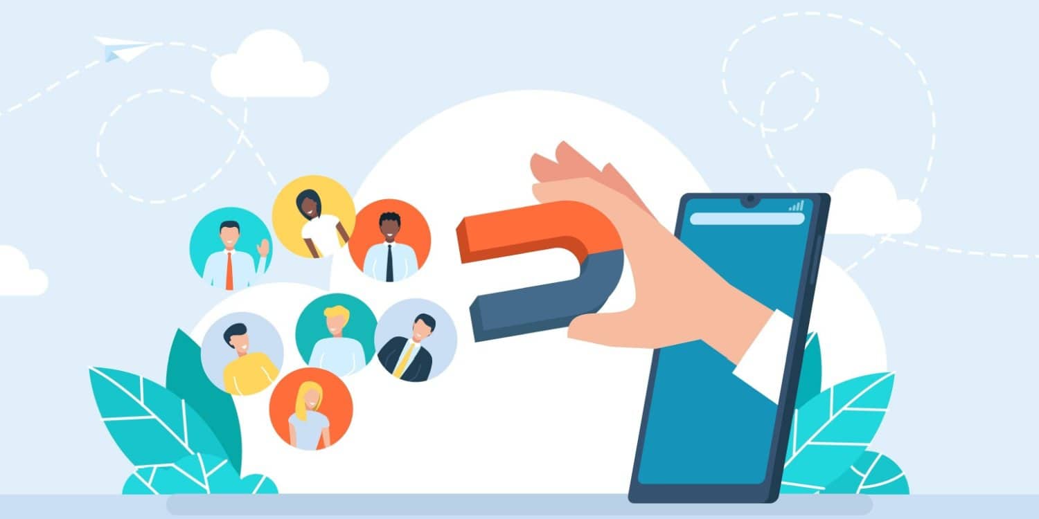 Illustration of a hand holding a magnet emerging from a smartphone, attracting diverse customer avatars, representing lead generation for business growth