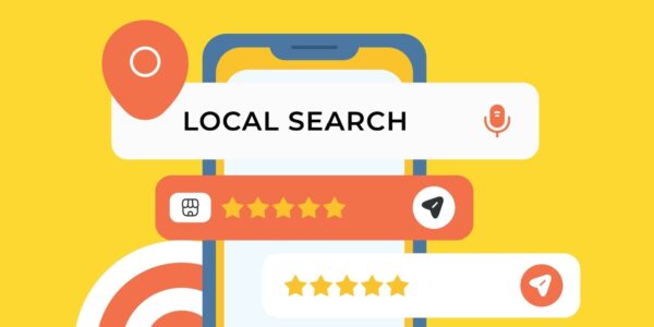 Illustration representing local SEO with a smartphone displaying a “Local Search” bar, a red location pin icon, voice search symbol, and review ratings with stars. The bright yellow background emphasises key elements of local search engine optimisation, including business listings, customer reviews, and navigation icons