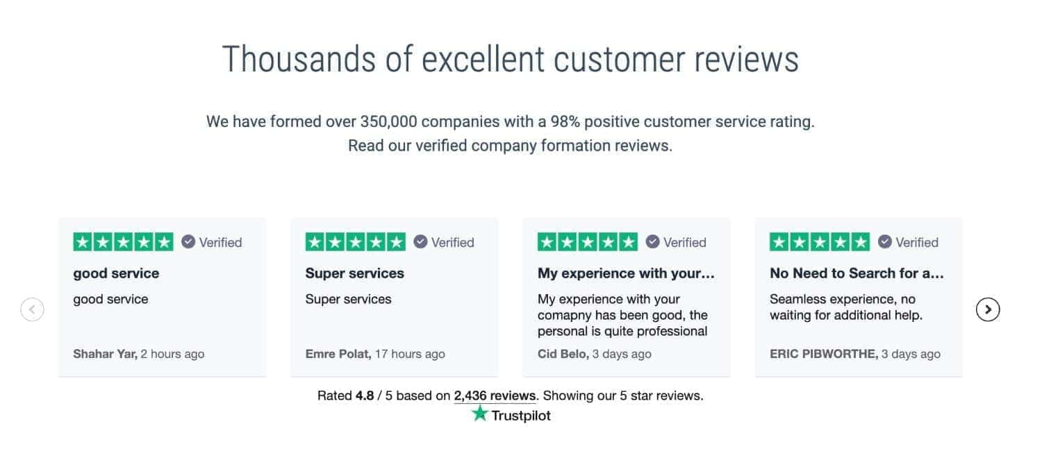 A Trustpilot review section displaying four verified 5-star testimonials. Headline reads “Thousands of excellent customer reviews,” with a note that Quality Company Formations has a 98% positive rating from over 350,000 company formations