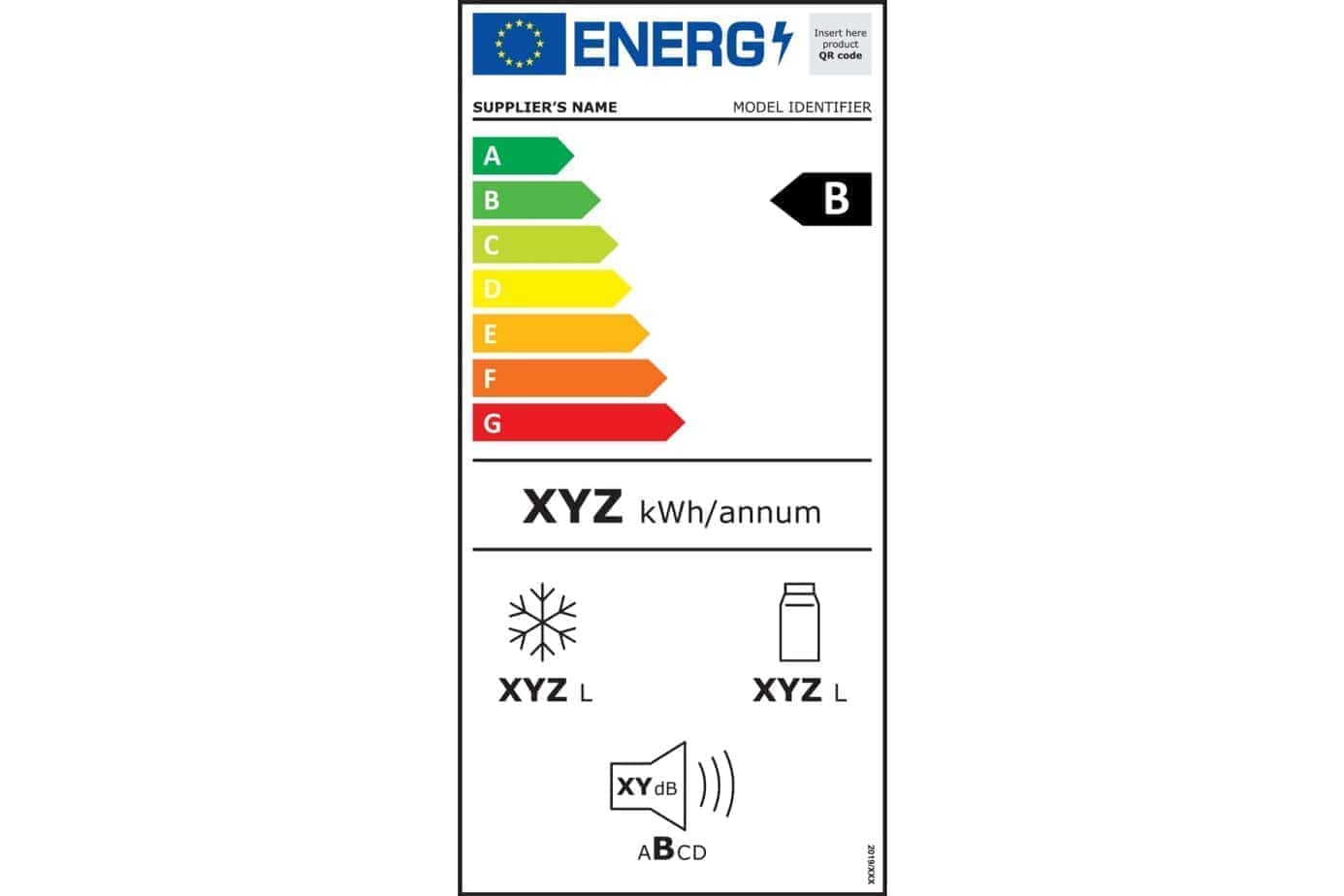 An energy label displaying efficiency ratings from A to G, indicating model B, energy consumption, and capacity details.