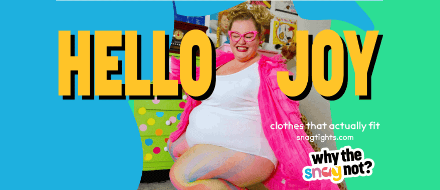 A person sits playfully on the floor, wearing coluorful tights and a pink cardigan, surrounded by a vibrant, cheerful background.