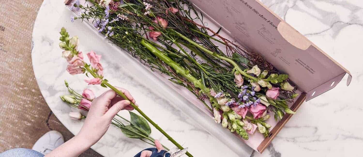 A person trims flowers from a box, arranging pink and green blooms on a marble surface.