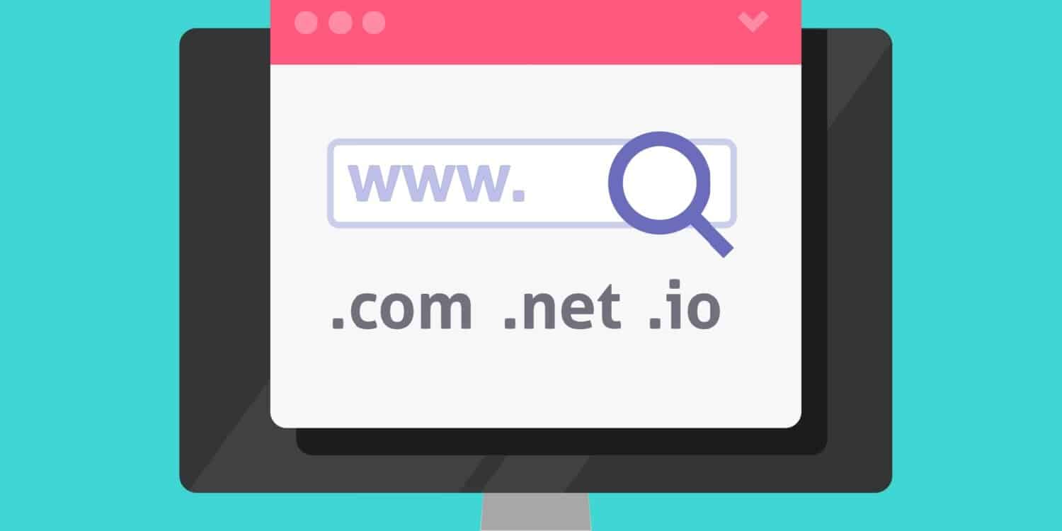 Illustration representing choosing a domain name for a business, showing a computer screen with a browser window displaying "www." and a magnifying glass icon, alongside domain extensions like .com, .net, and .io.