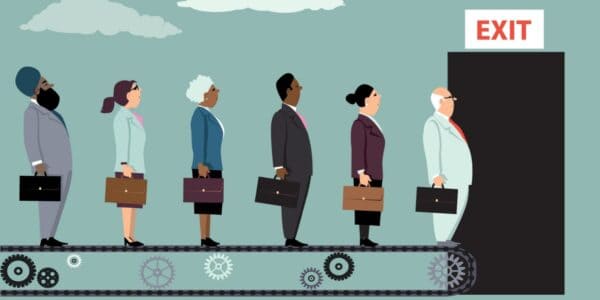 Illustration symbolising employee churn, showing a diverse group of professionals on a conveyor belt moving toward an "EXIT" door, representing the flow of employees leaving a company