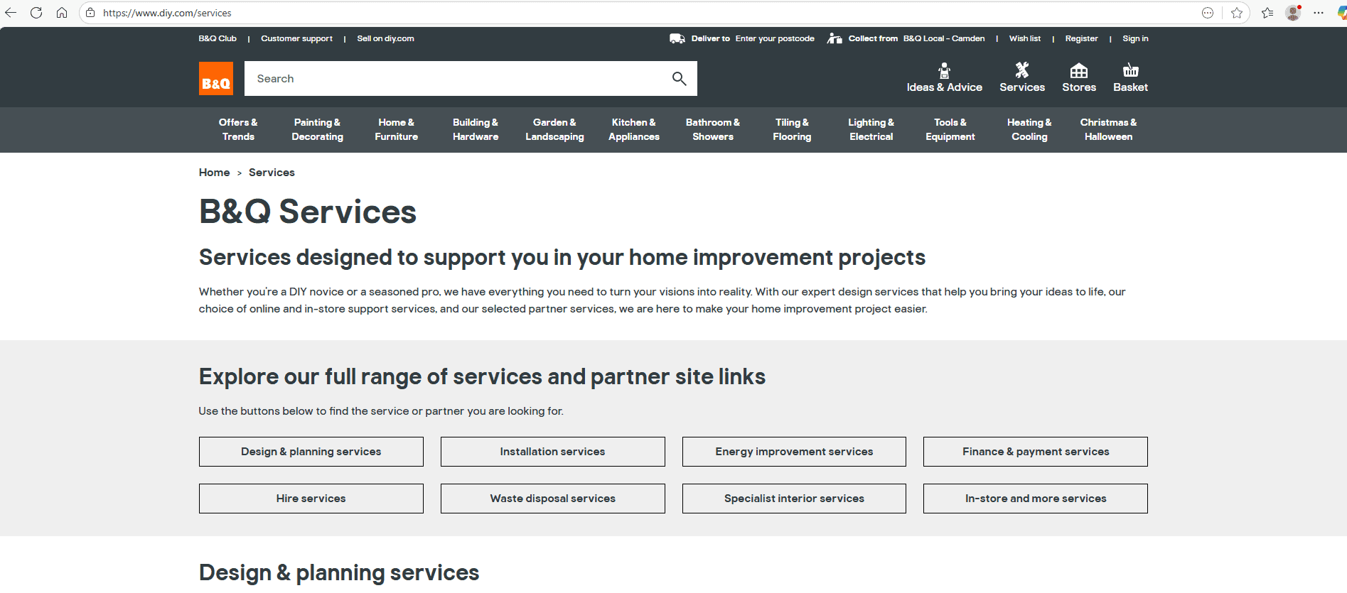 Screenshot of the B&Q Services webpage on the domain www.diy.com, displaying categories like design, installation, energy, and waste disposal services