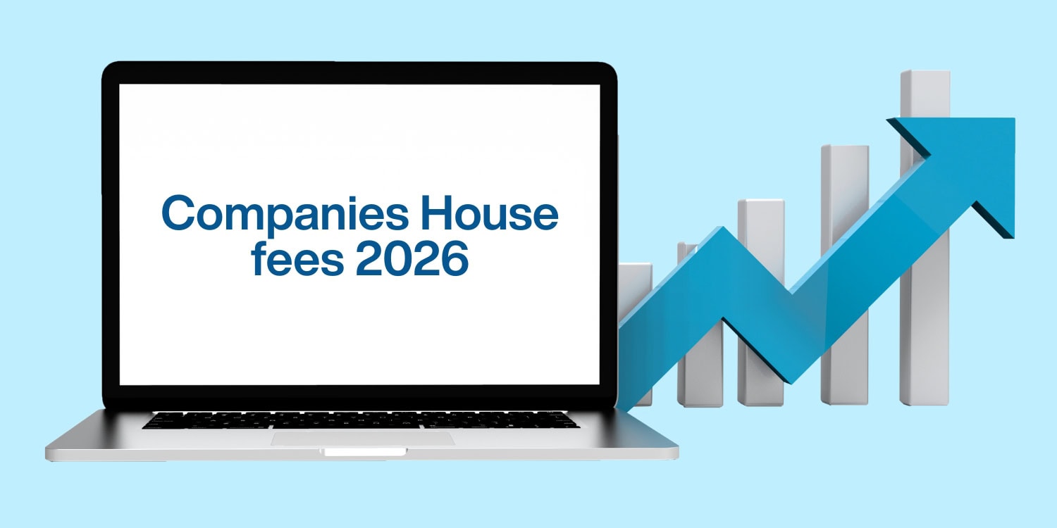 Laptop screen reading 'Companies House fees 2026' alongside an upward-pointing bar chart and arrow, illustrating rising fees.